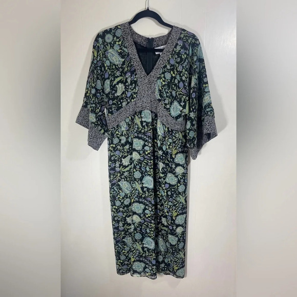 Vintage Eliza J Silk Blend Made in USA Black Green Paisley Floral Dress Size 10 - Picture 1 of 10